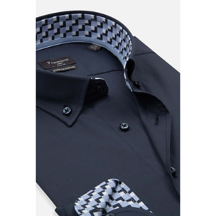 camicia uomo 1 bottone button down slim Popeline Stretch Unito Blu