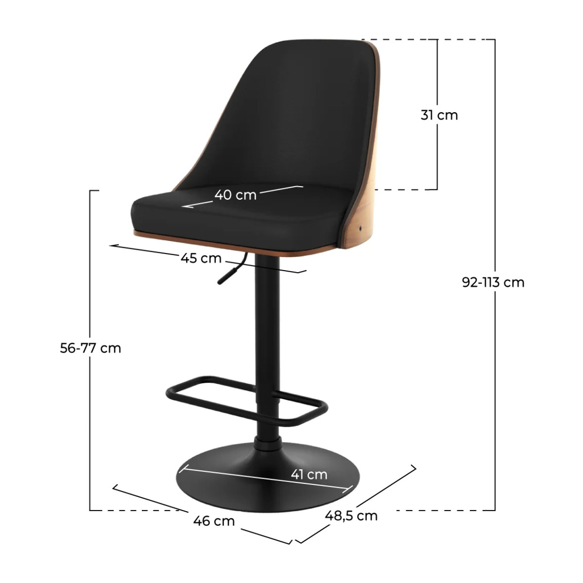 Chaise de bar réglable et pivotante en bois foncé et PU noir 56/77 cm - Georges