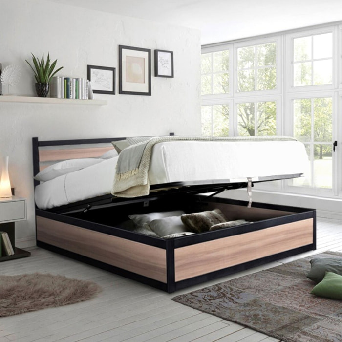 Ensemble lit coffre avec tête de lit & matelas | Mémoire de forme et ressorts ensachés | Espace de Stockage jusqu'à 900 L | Robuste et Large Angle d’Ouverture | Bois et métal | Bois clair