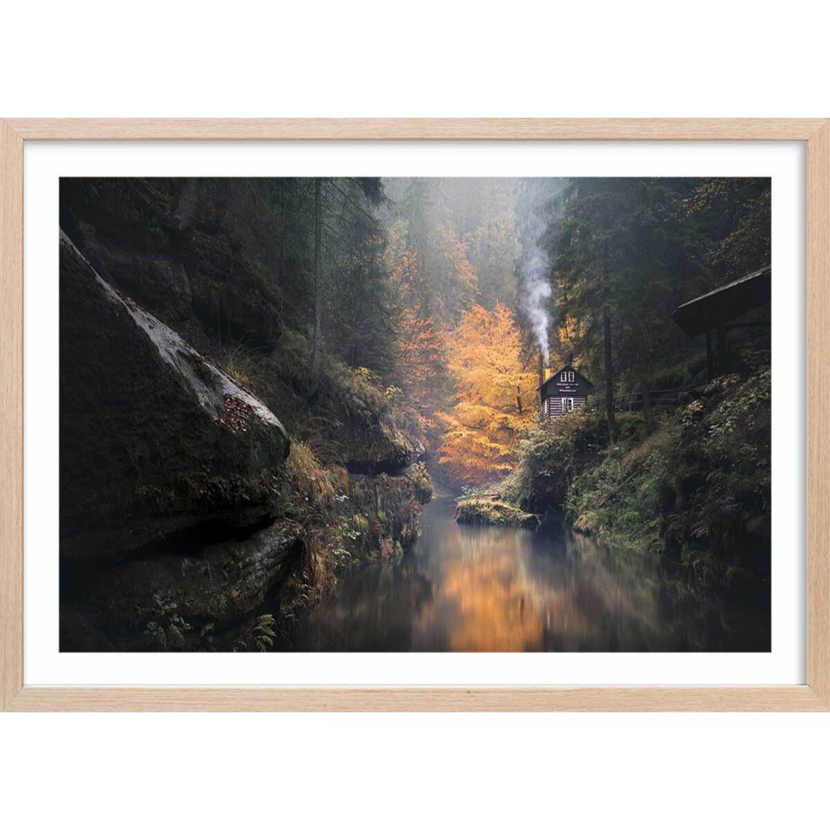 Affiche Vallée suisse en Automne Affiche + cadre en bois - Chêne