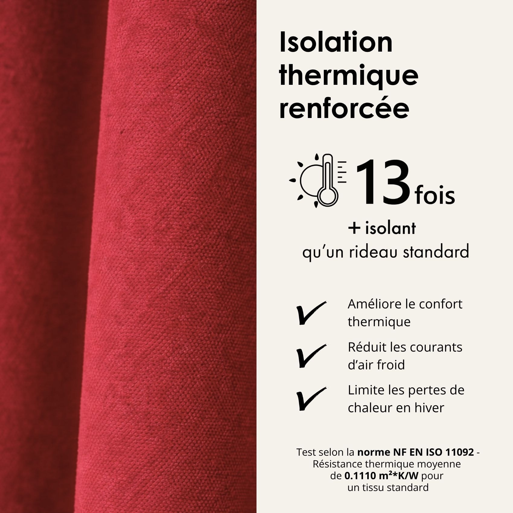 Rideau thermique phonique et semi occultant à galons fronceurs KONFOR - Rouge