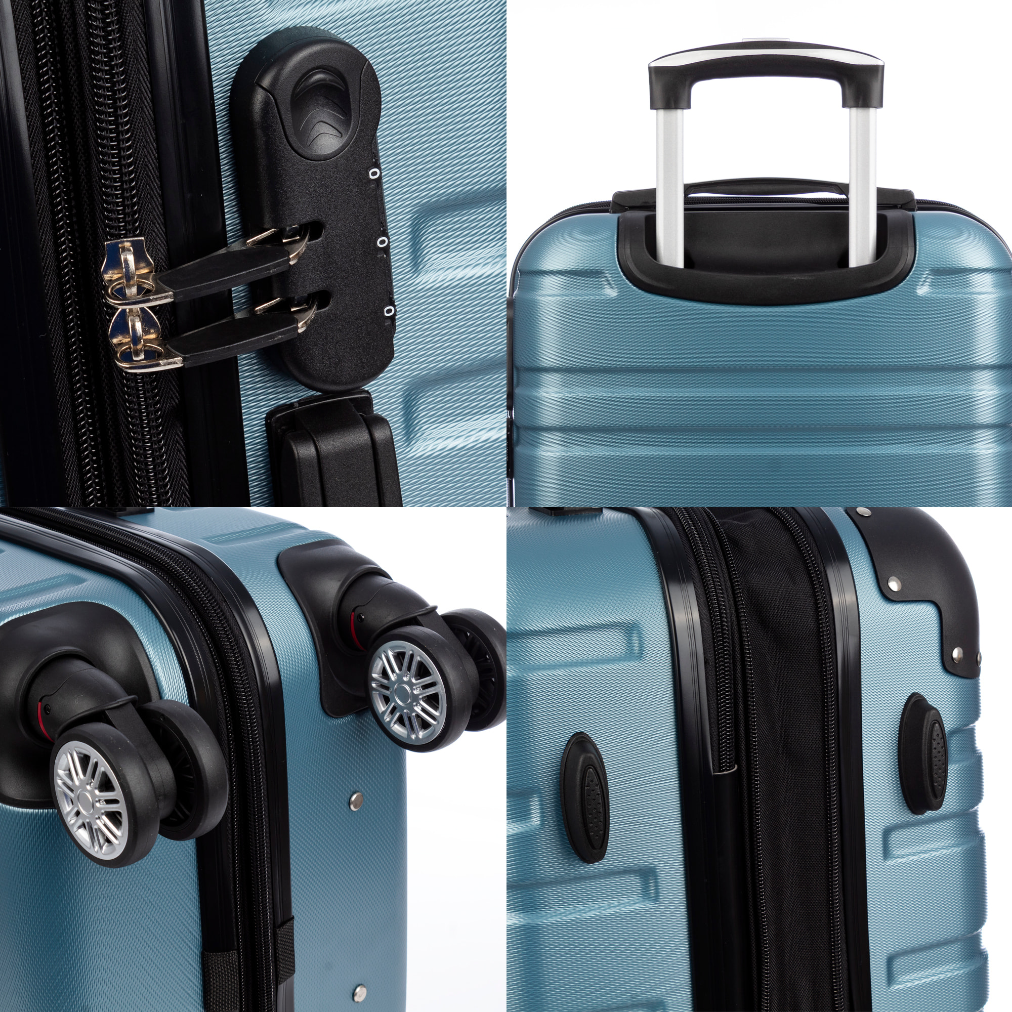 Set di 3 valigie Trolley espandibili, in materiale leggero ABS ad alta resistenza. Serratura numerica, 4 ruote doppie girevoli a 360°.