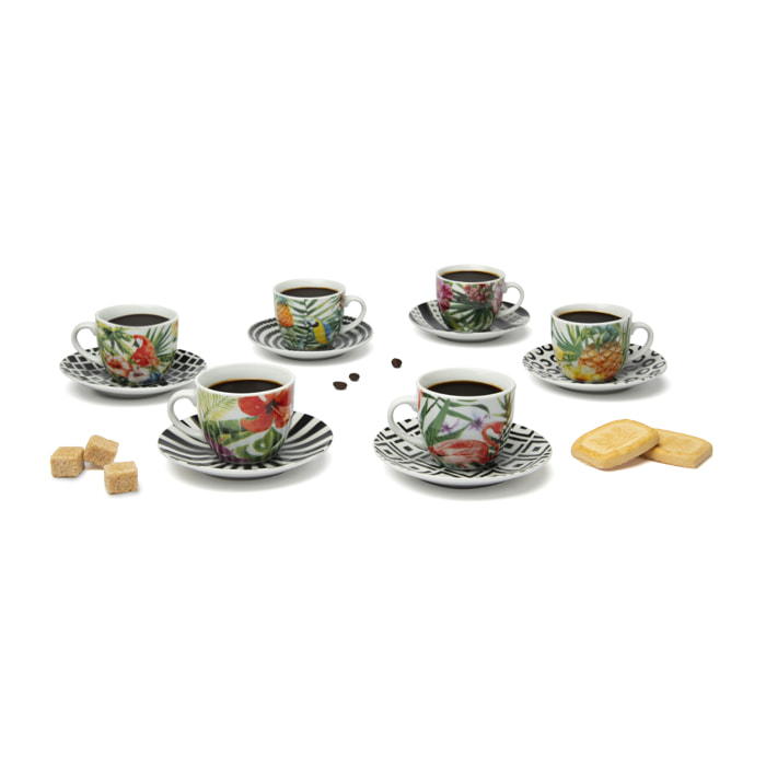 Set 6 Tazzine Caffè con Piattino Excelsa – Tropical Chic, Porcellana Multicolore