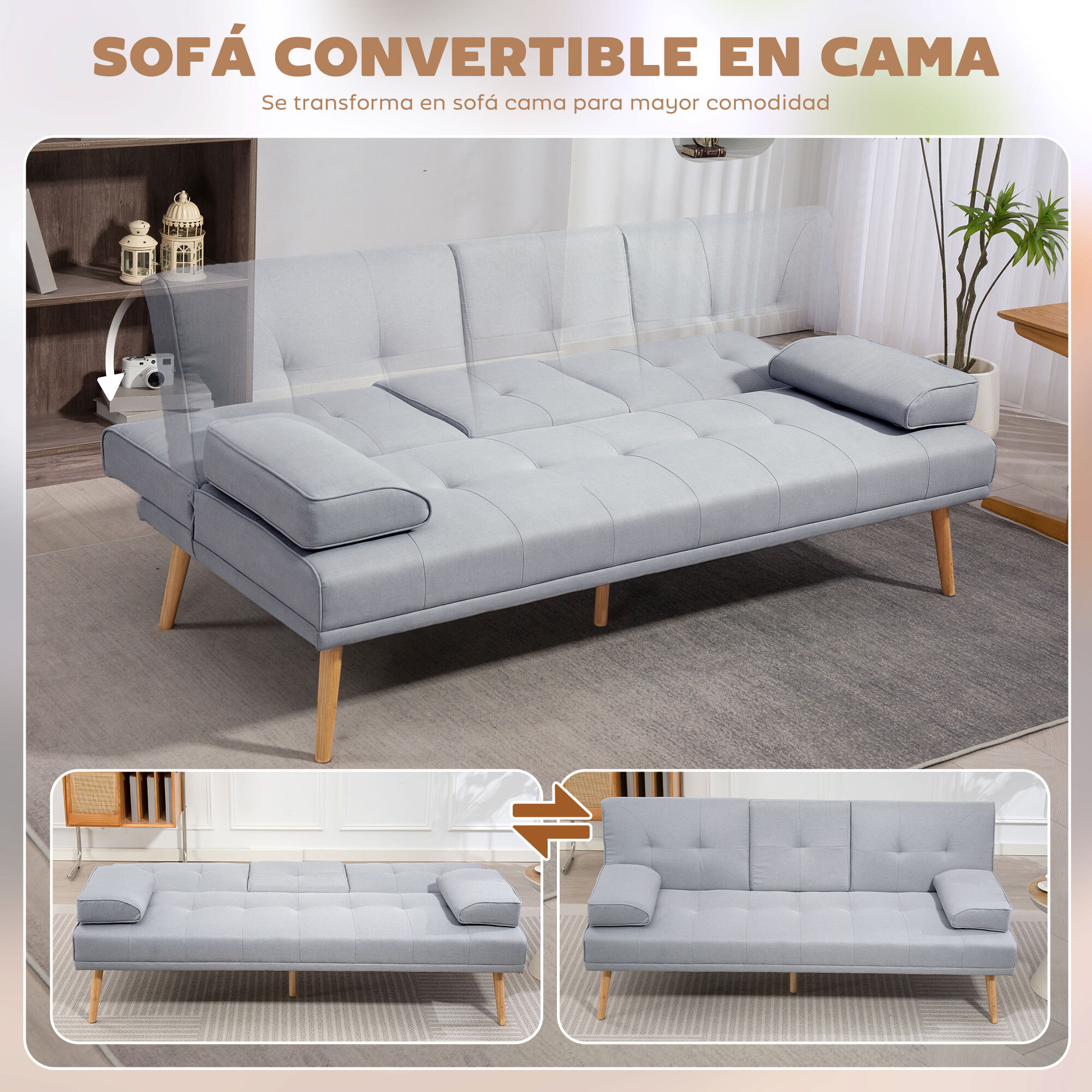 Sofá Cama 3 Plazas, Mesa Abatible con 2 Soportes para Vasos, 181x77x78 cm, Sofá Cama con Respaldo Ajustable, Apertura Clik-Clak, Reposabrazos Desmontables, Patas de Madera, Gris Claro