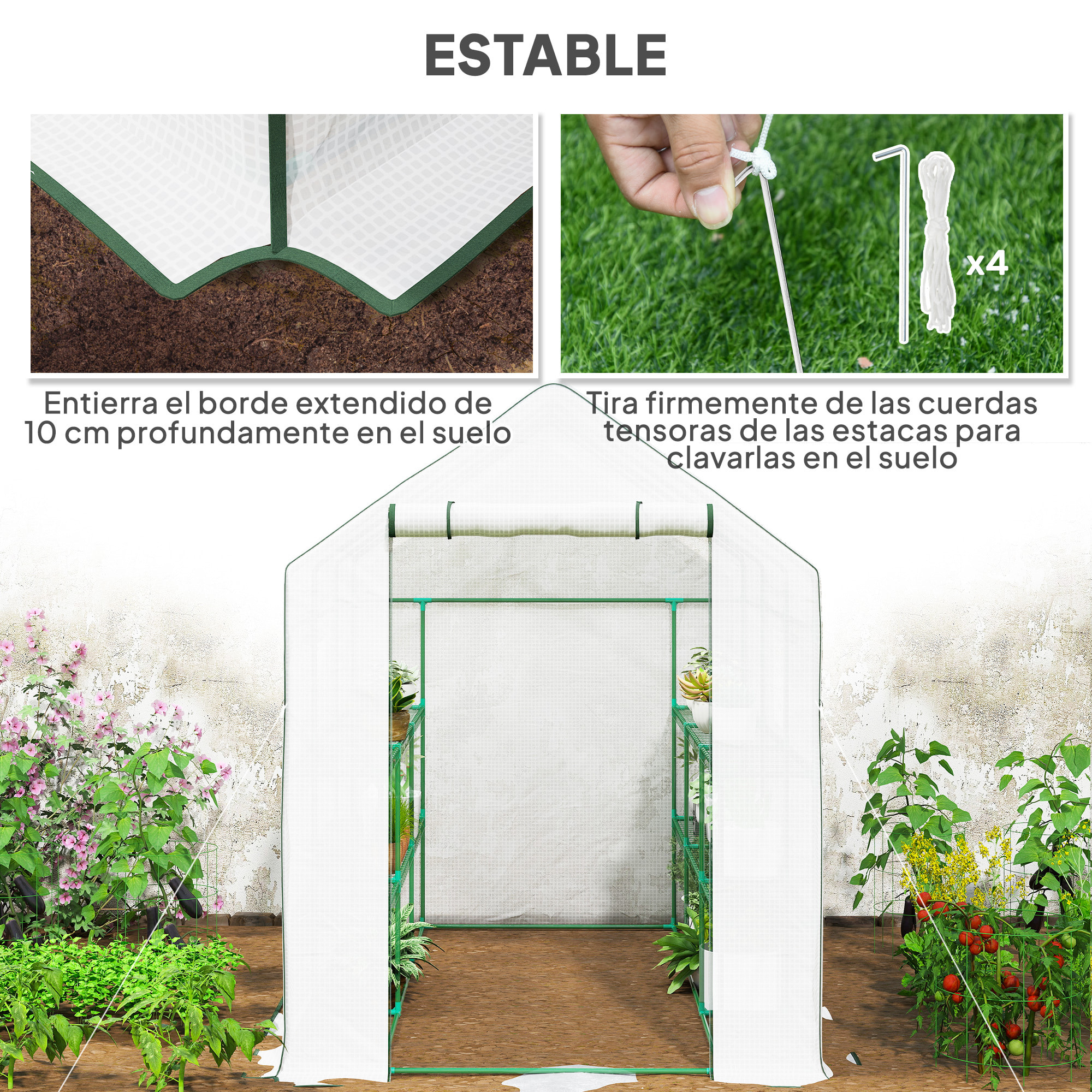 Invernadero de Jardín de 3 Niveles, Invernadero de Exterior con 12 Estantes, Puerta Enrollable, Ventanas, Anti-UV, Cubierta de PE 135g/m² para Cultivos, Plantas, Flores, 140x213x190 cm Blanco