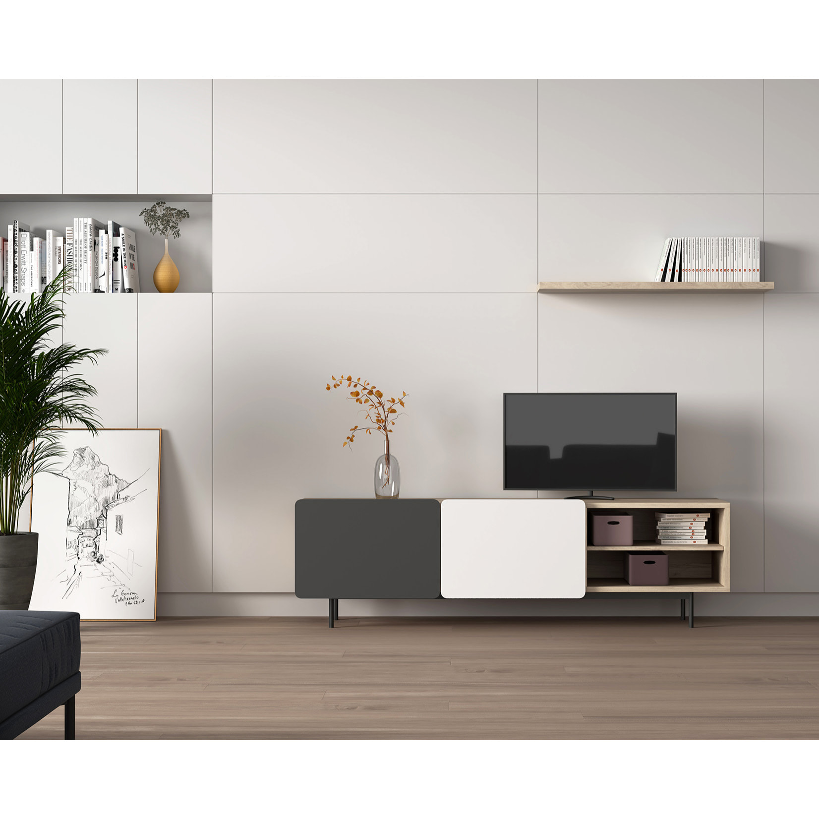 Bajo tv Biscuit roble-grafito-blanco 54x180x44 cm