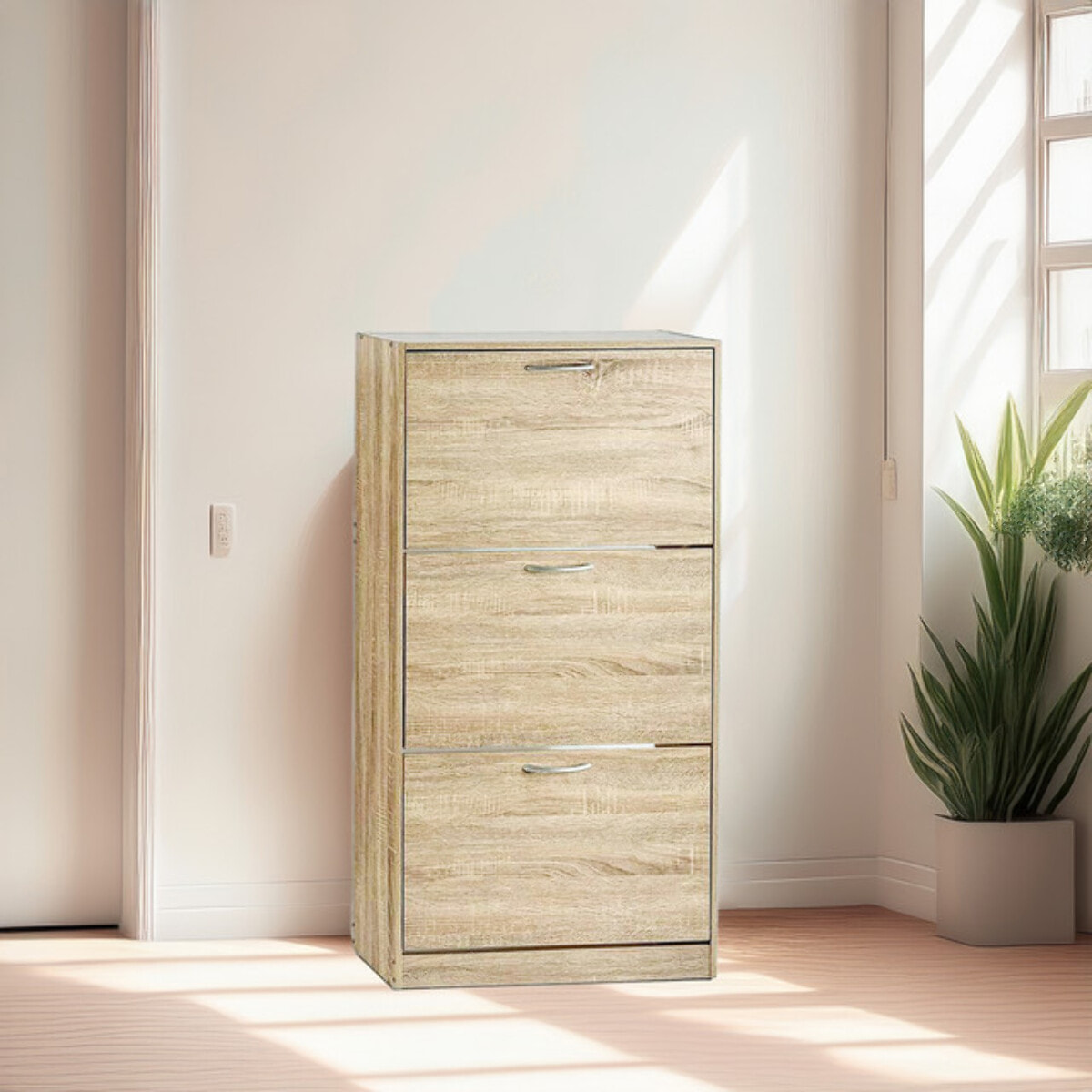 Scarpiera 3 ante salvaspazio in finitura rovere, mobile porta scarpe compatto fino a 18 paia, design moderno e funzionale, ideale per ingresso e corridoio, struttura resistente, facile da montare con istruzioni e accessori inclusi