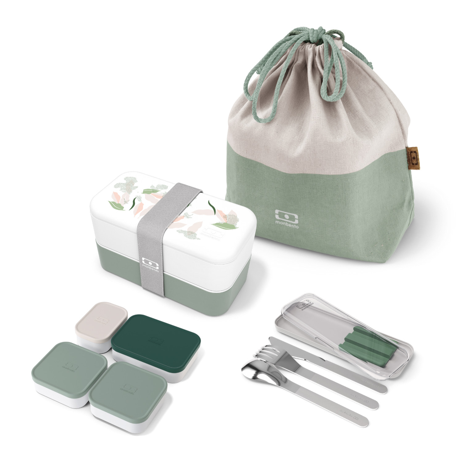 Set repas lunch box 2 étags 1L vert Leaves + accessoires
