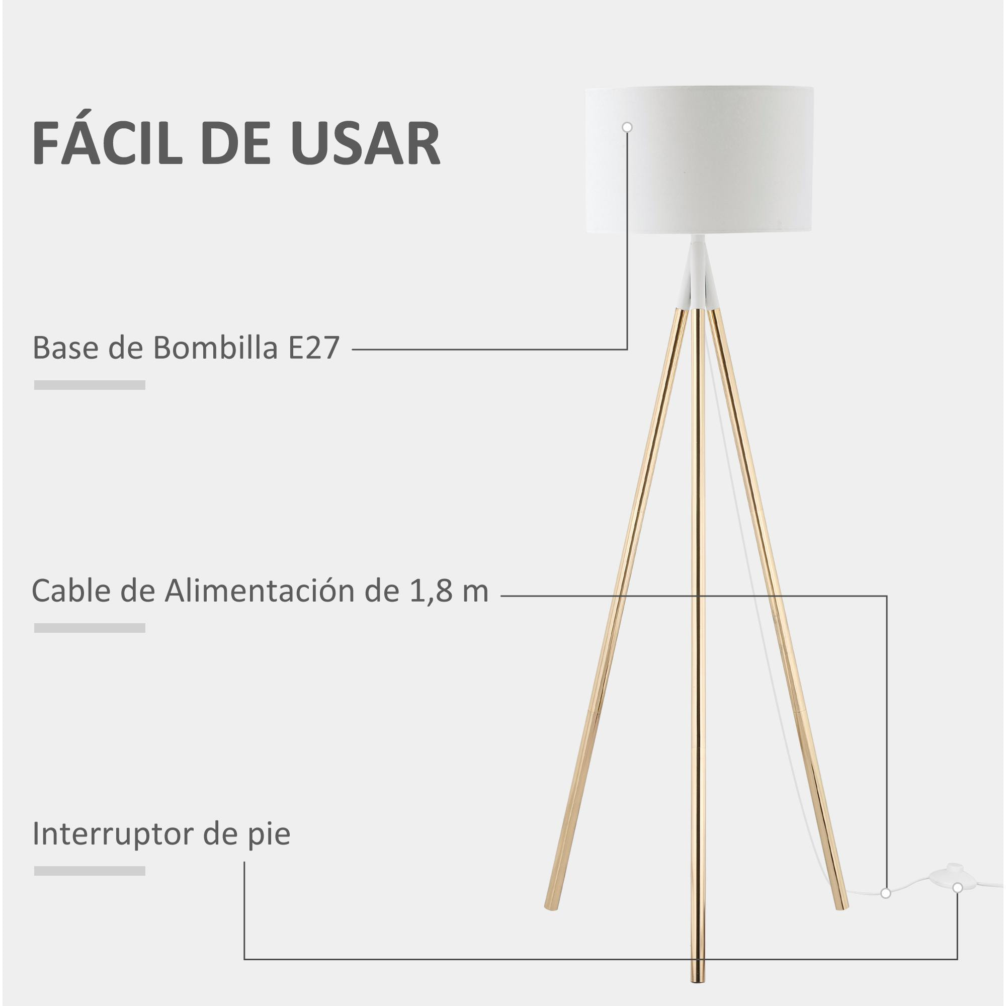 HOMCOM Lámpara de Pie con Trípode de Metal E27 Máx. 40W Pantalla de Tela e Interruptor de Pie Lámpara de Suelo Moderna para Salón Dormitorio Ø53x144 cm Blanco y Dorado