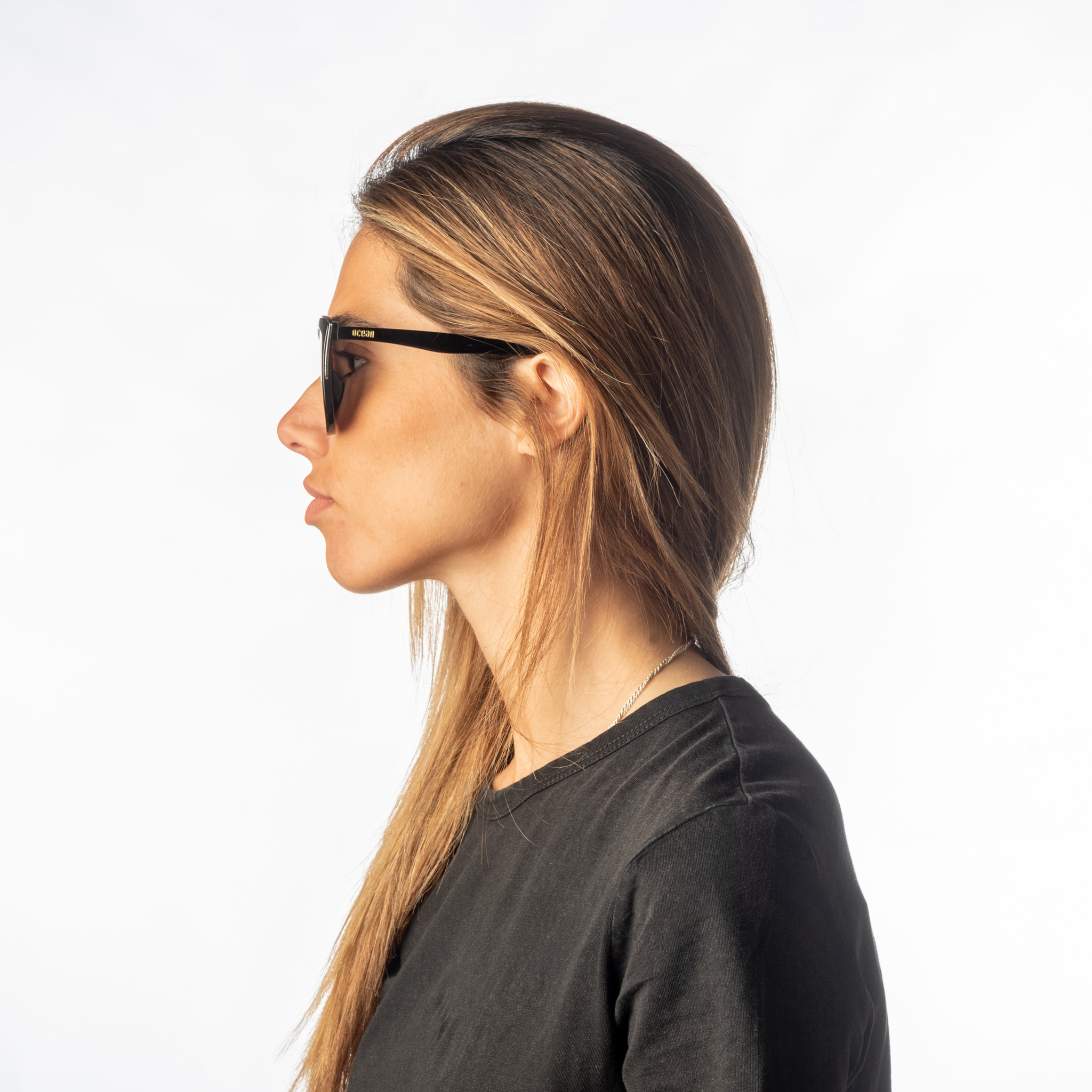 Gafas de sol OCEAN CAT EYE - Negro brillante y metal plateado brillante / Plana de pc ahumada con espejo plateado real