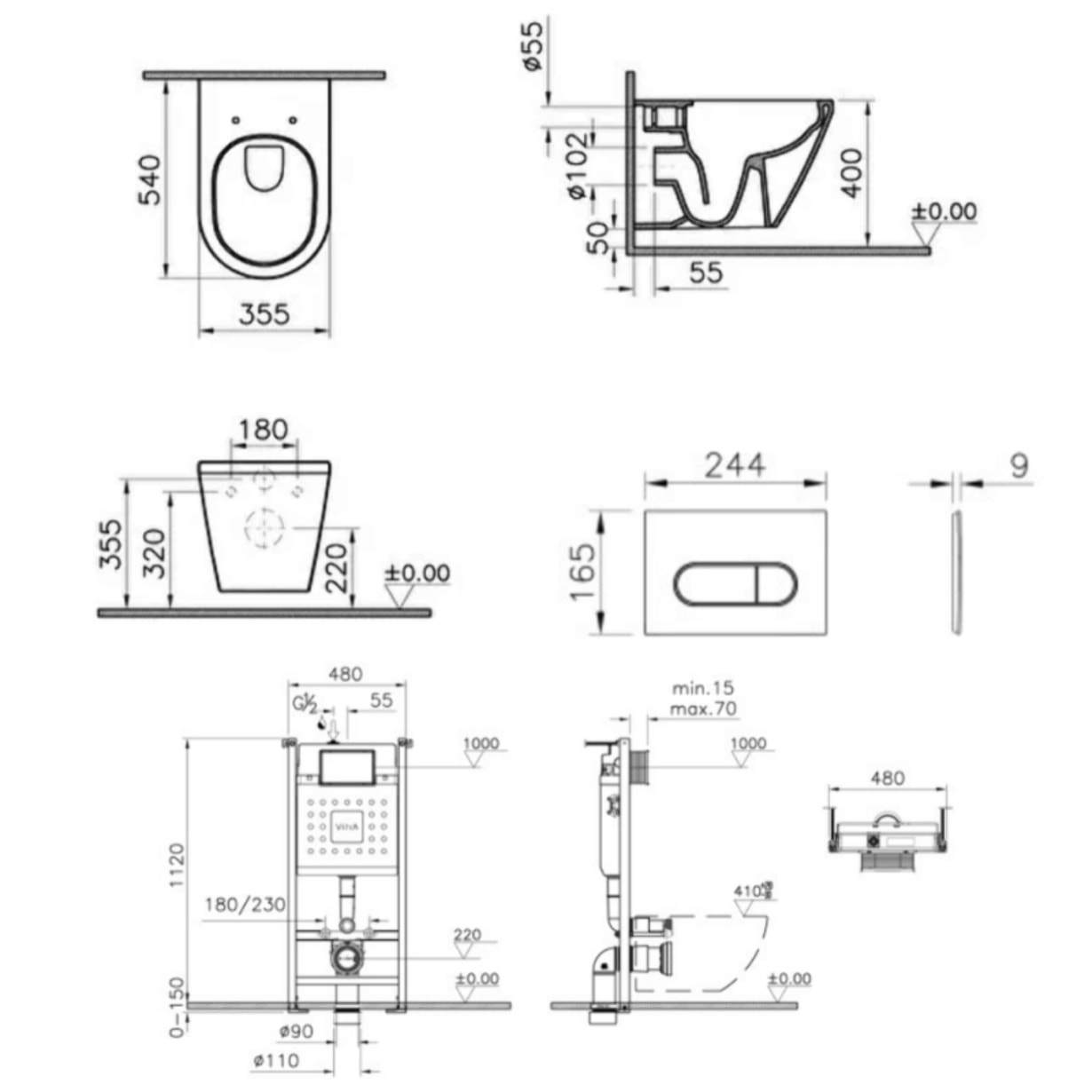 Pack WC suspendu VITRA Integra blanc + bâti mur porteur V-Fix Core + Plaque Round Blanche