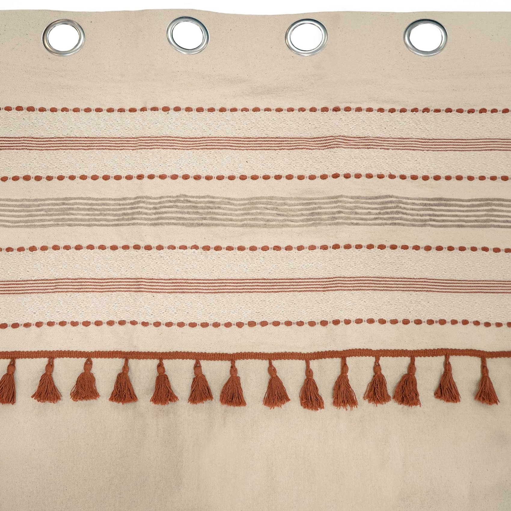 Rideau tamisant à œillets en polycoton tissé avec pompons - Naturel