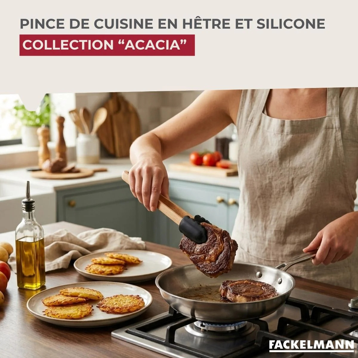 Pince Alimentaire 22,8 cm en Bois et silicone Noir Fackelmann Acacia