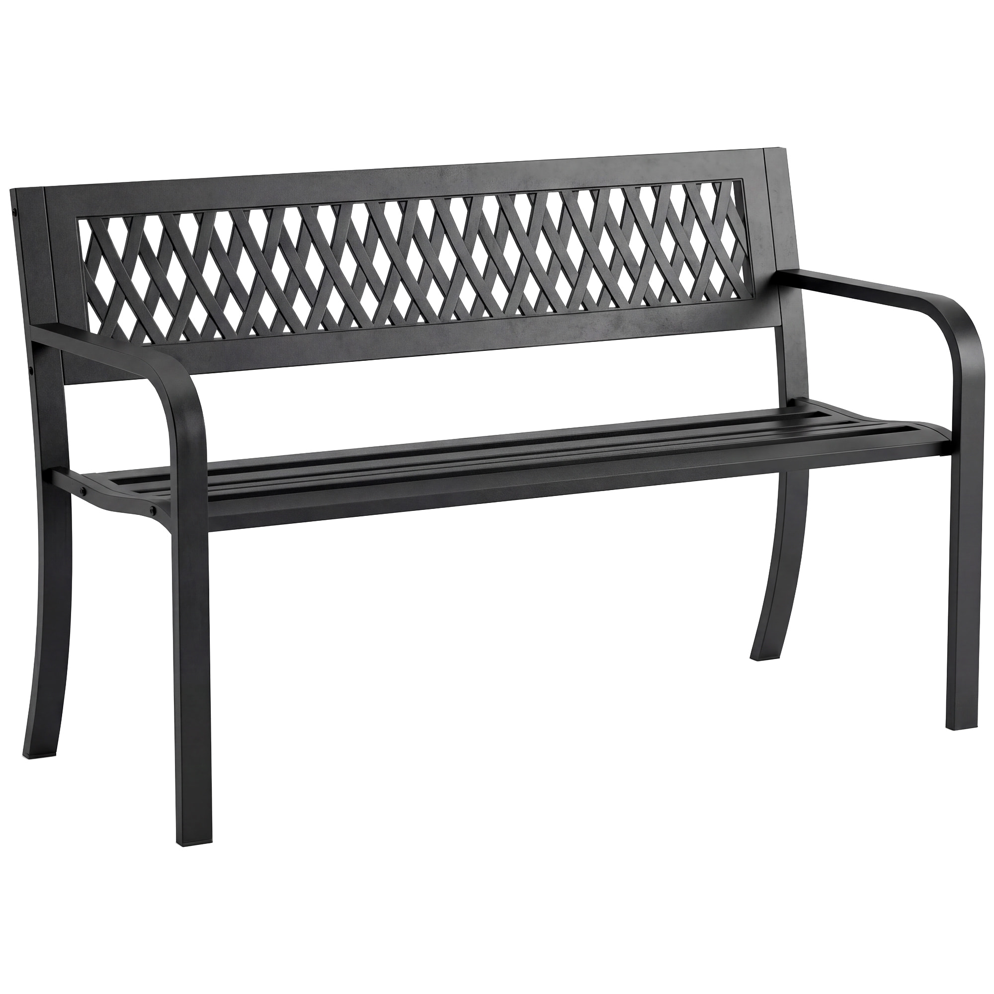 Banco de Jardín Exterior de 2 Plazas, Banco Exterior con Asiento Listonado, Reposabrazos y Marco de Acero, para Patio, Terraza, 119x50x75 cm, Negro