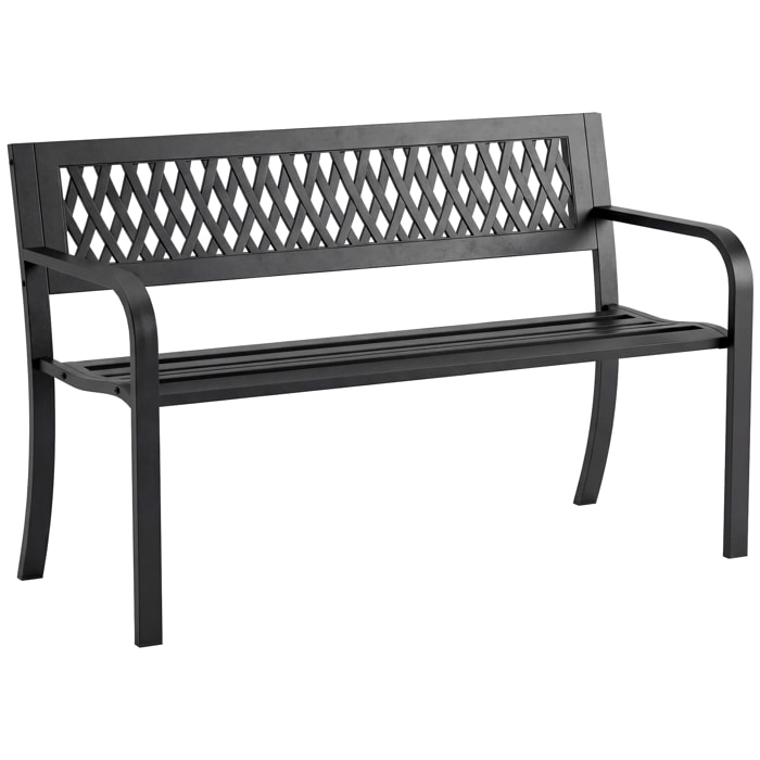 Banco de Jardín Exterior de 2 Plazas, Banco Exterior con Asiento Listonado, Reposabrazos y Marco de Acero, para Patio, Terraza, 119x50x75 cm, Negro
