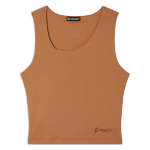 Top a costine stretch con scollo asimmetrico