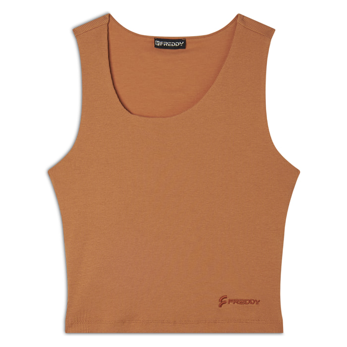 Top a costine stretch con scollo asimmetrico