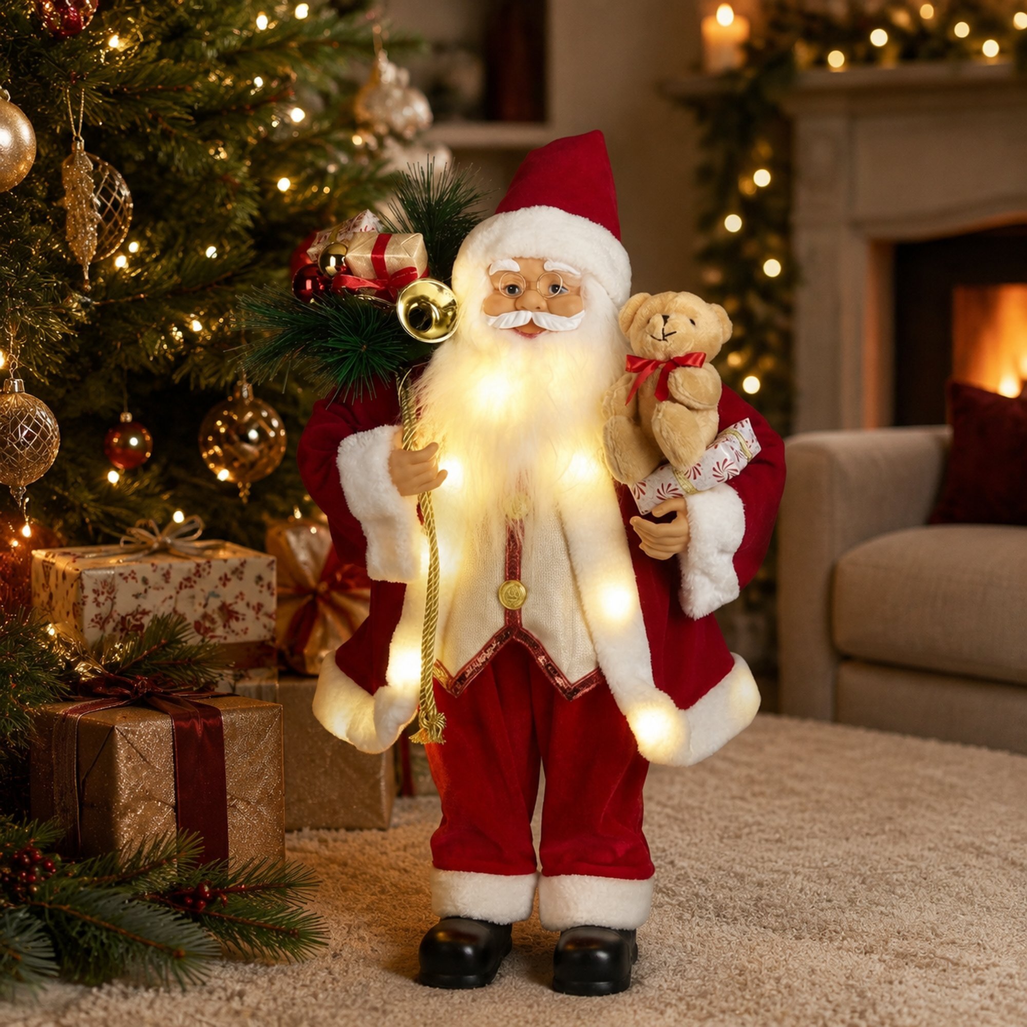 Papá noel decorativo con osito de peluche y luz led, funciona con pilas