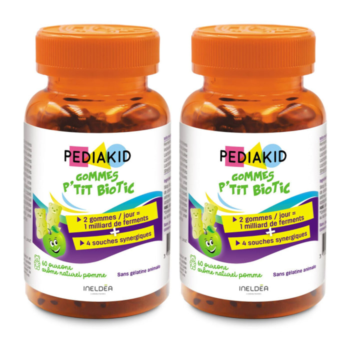 PEDIAKID - Gommes P'tit Biotic - Formule Naturelle au Délicieux Arôme de Pomme - Contribue à Enrichir la Flore Intestinale - Soutient les Défenses de l'Organisme - Lot de 2 piluliers