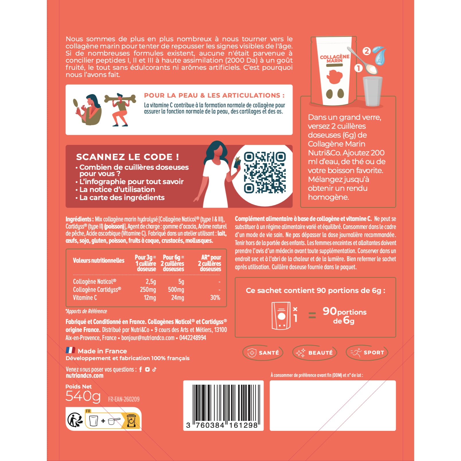 Nutri&Co Collagène Marin Type 1, 2 & 3 Peau & Articulations Goût Pêche - 540g