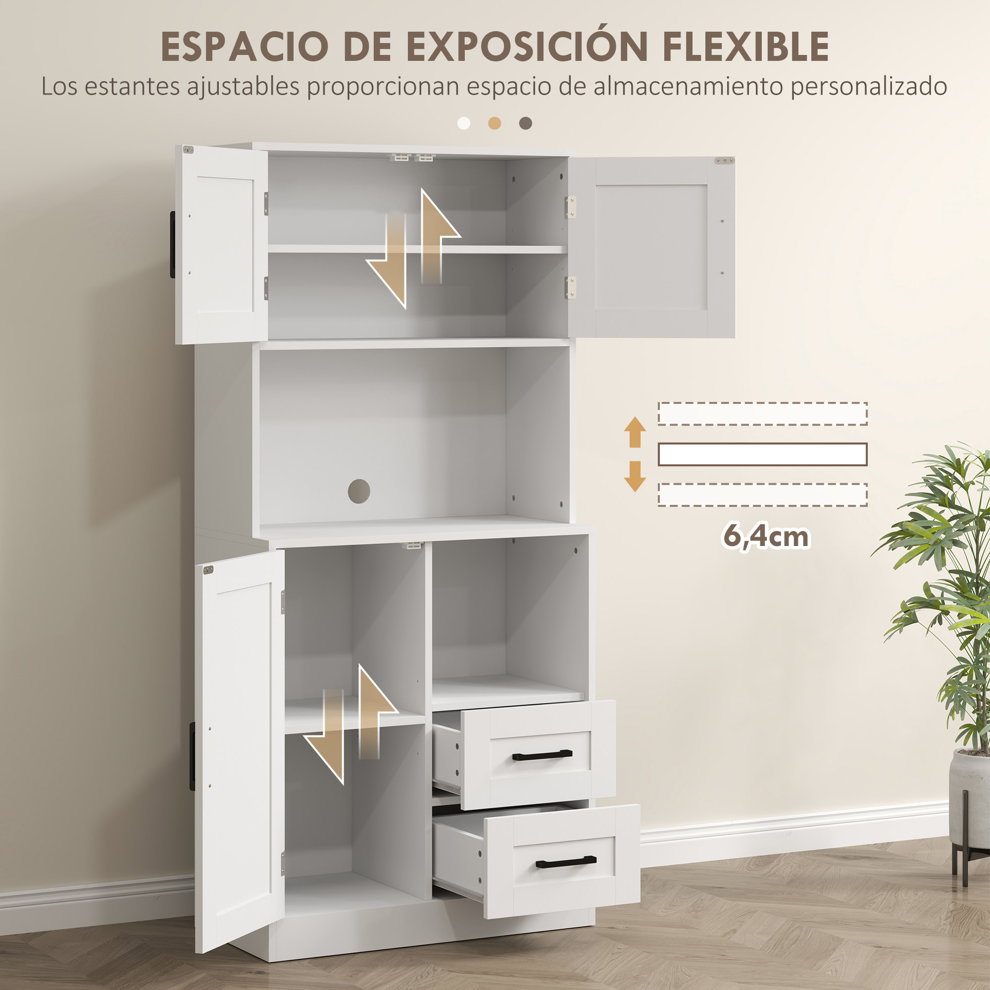 Alacena de Cocina Rústico Armario de Cocina Mueble Auxiliar de Cocina con Puertas Compartimentos Abiertos Cajones y Estantes Ajustables Antivuelco para Comedor Salón 70x40x180 cm Blanco