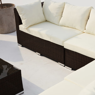 ENORA - salon de jardin panoramique 8 places en résine tressée marron et blanc