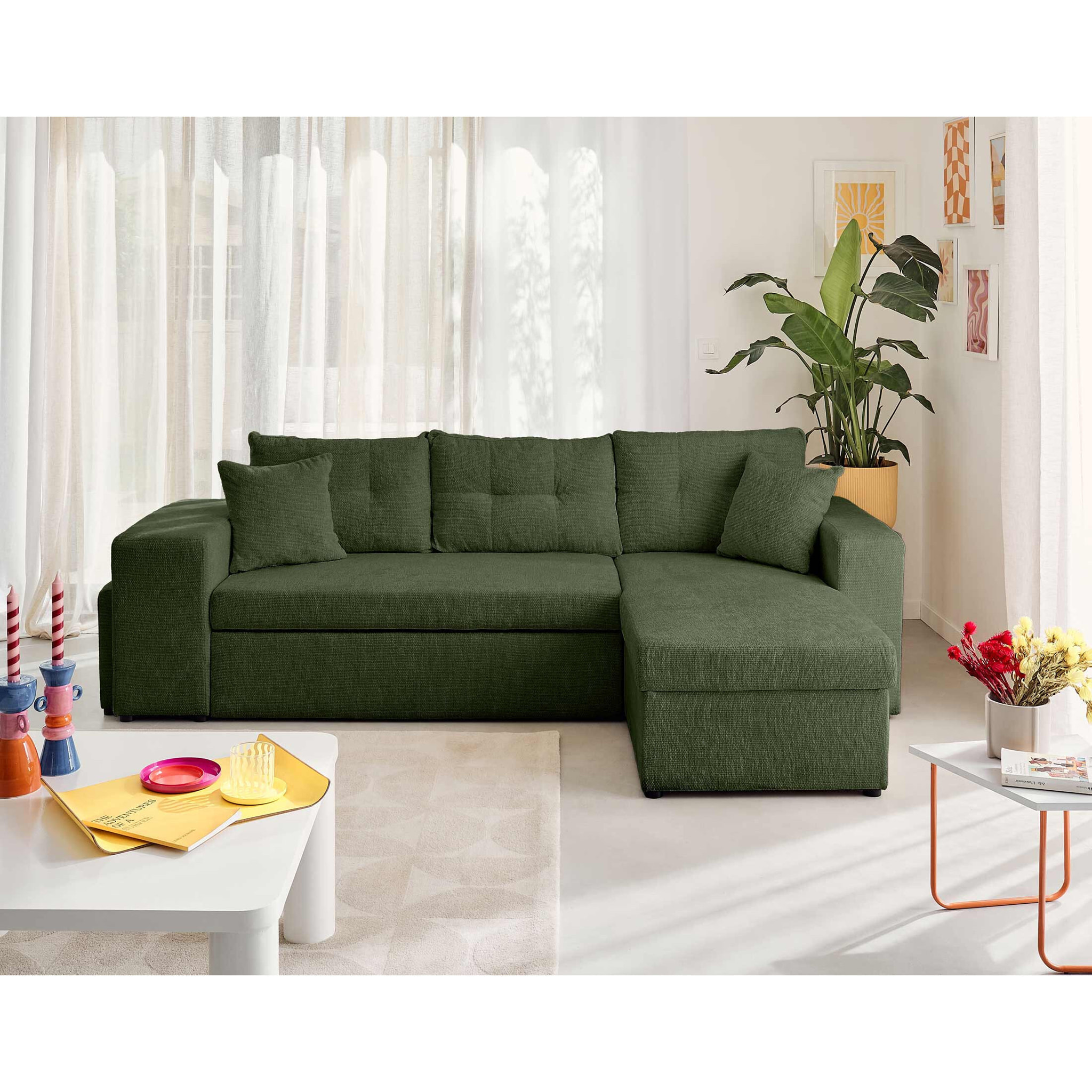 California - canapé d'angle réversible 4 places - convertible avec coffre, étagère et poufs - en velours texturé - Vert