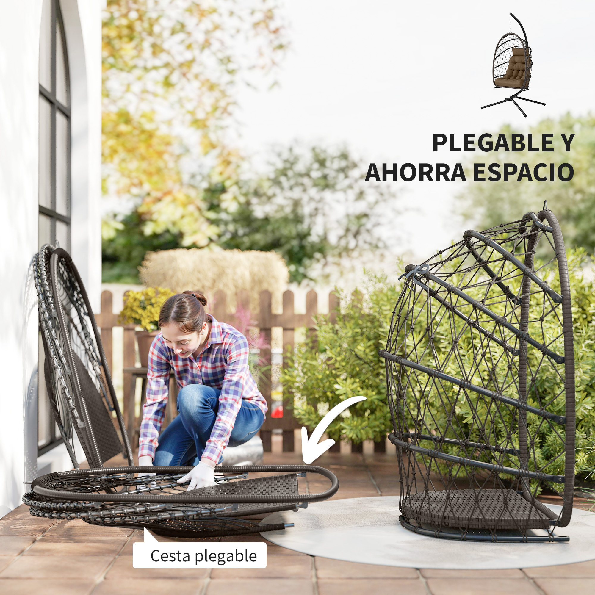 Outsunny Silla Colgante Huevo con Soporte, Columpio Jardín Exterior con Cesta Plegable de Ratán, Cojín Grueso, Reposacabezas, Altura Ajustable, Cuerda para Interior y Exterior, Marrón