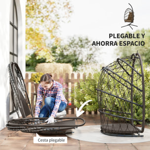 Outsunny Silla Colgante Huevo con Soporte, Columpio Jardín Exterior con Cesta Plegable de Ratán, Cojín Grueso, Reposacabezas, Altura Ajustable, Cuerda para Interior y Exterior, Marrón