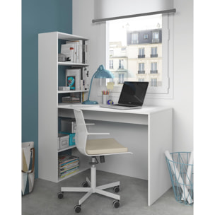 Scrivania Denton, Scrittoio multifunzione reversibile con libreria a 5 ripiani, Tavolo da studio o ufficio porta PC portalibri, cm 120x53h144, Bianco