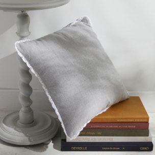 Coussin déhoussable avec dentelle coton uni CHARME gris