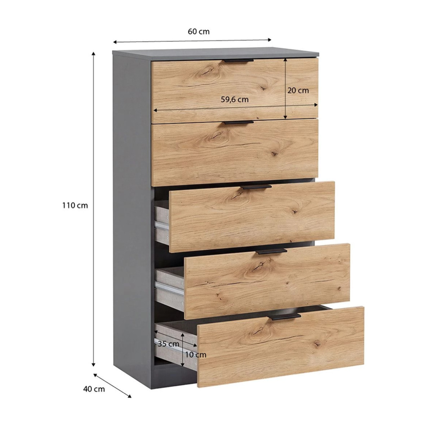 Cómoda alta de 5 cajones en gris grafito y alpine oak 60x110 cm Akari Gris Grafito - Alpine Oak