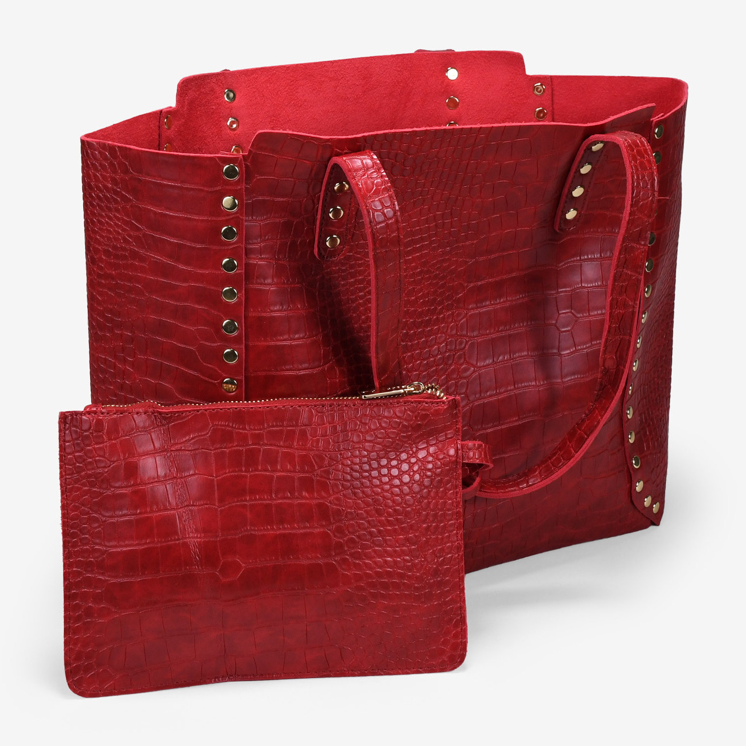 Bolso shopper rojo grabado animal print con tachas