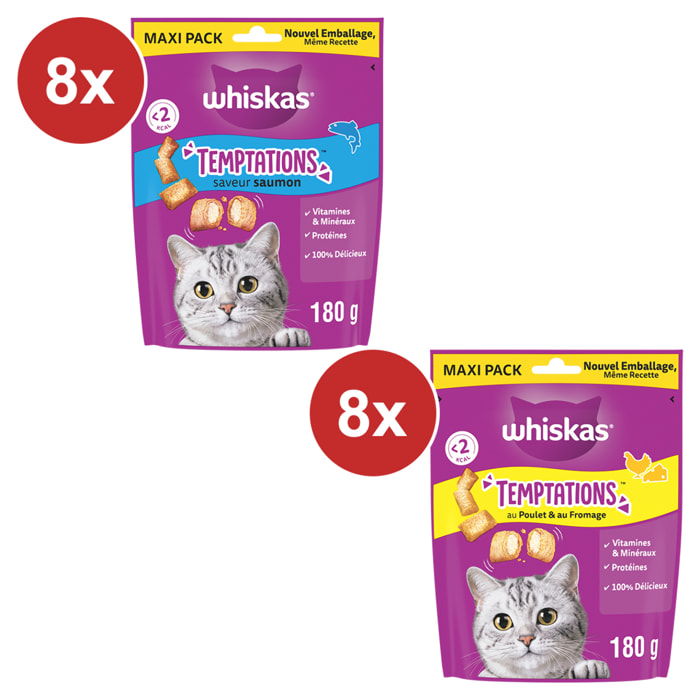 WHISKAS Temptations 16 Friandises pour chat Poulet Fromage et Saumon (16x180g)