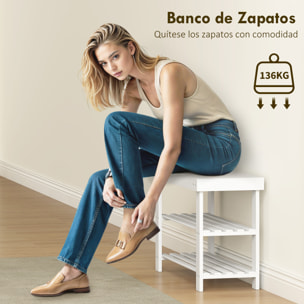 Banco Zapatero de Bambú Zapatero con Asiento Organizador de Zapatos de 3 Niveles para 6 Pares Zapatos para Entrada Salón Dormitorio 70x28x45 cm Blanco