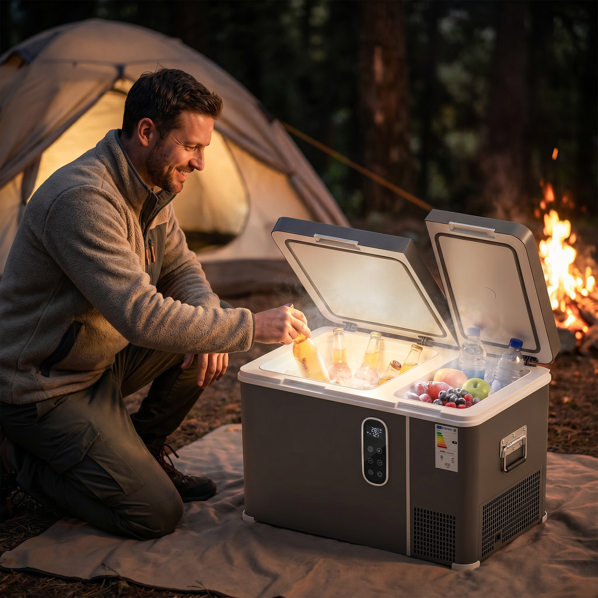 Nevera Portátil Eléctrica 35L 12/24/240V Refrigerador de Coche con Compresor Doble Zona Control por App Bluetooth Luz LED Pantalla Modos ECO y MAX de -20℃ a +20 ℃ Asa para Viajes Camping