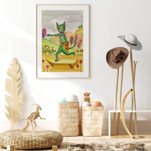 Affiche enfant pizza cat  Affiche + cadre en bois - Chêne