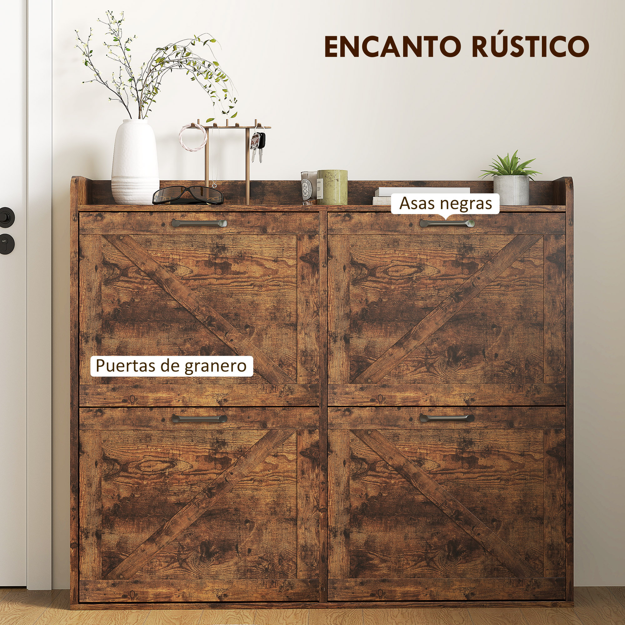 Mueble Zapatero de 4 Puertas Zapatero Estrecho con Estantes Ajustables Estilo Industrial para 24 Pares de Zapatos Mueble Auxiliar para Recibidor Entrada 120x24x103 cm Marrón Rústico