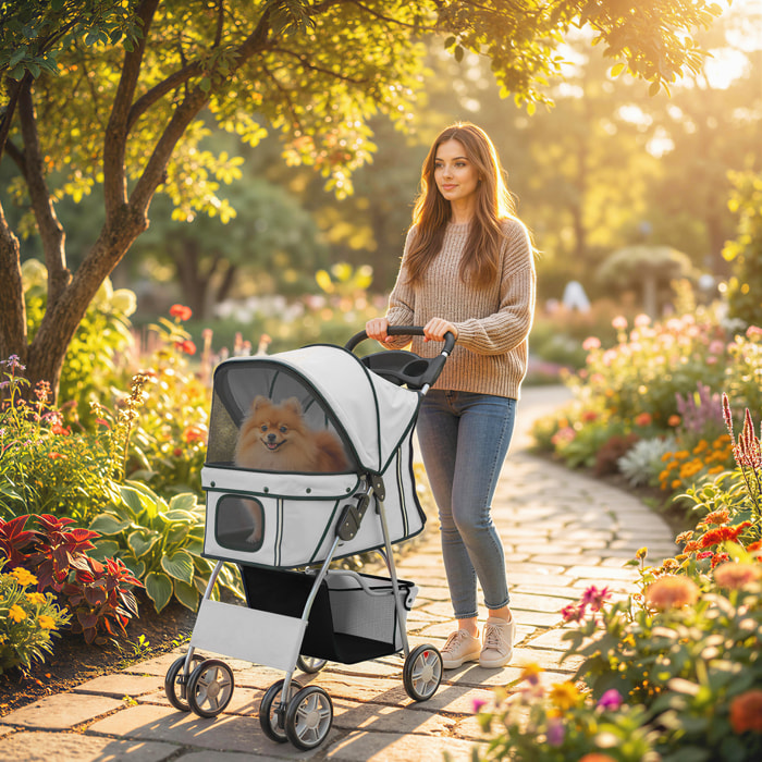 Carrito para Perros Plegable, Cochecito para Perros Pequeños con Cesta de Almacenaje, Ventanas de Malla, Portavasos, Ruedas y Cojín Lavable, Carga 10 kg, 77x44x102 cm, Gris
