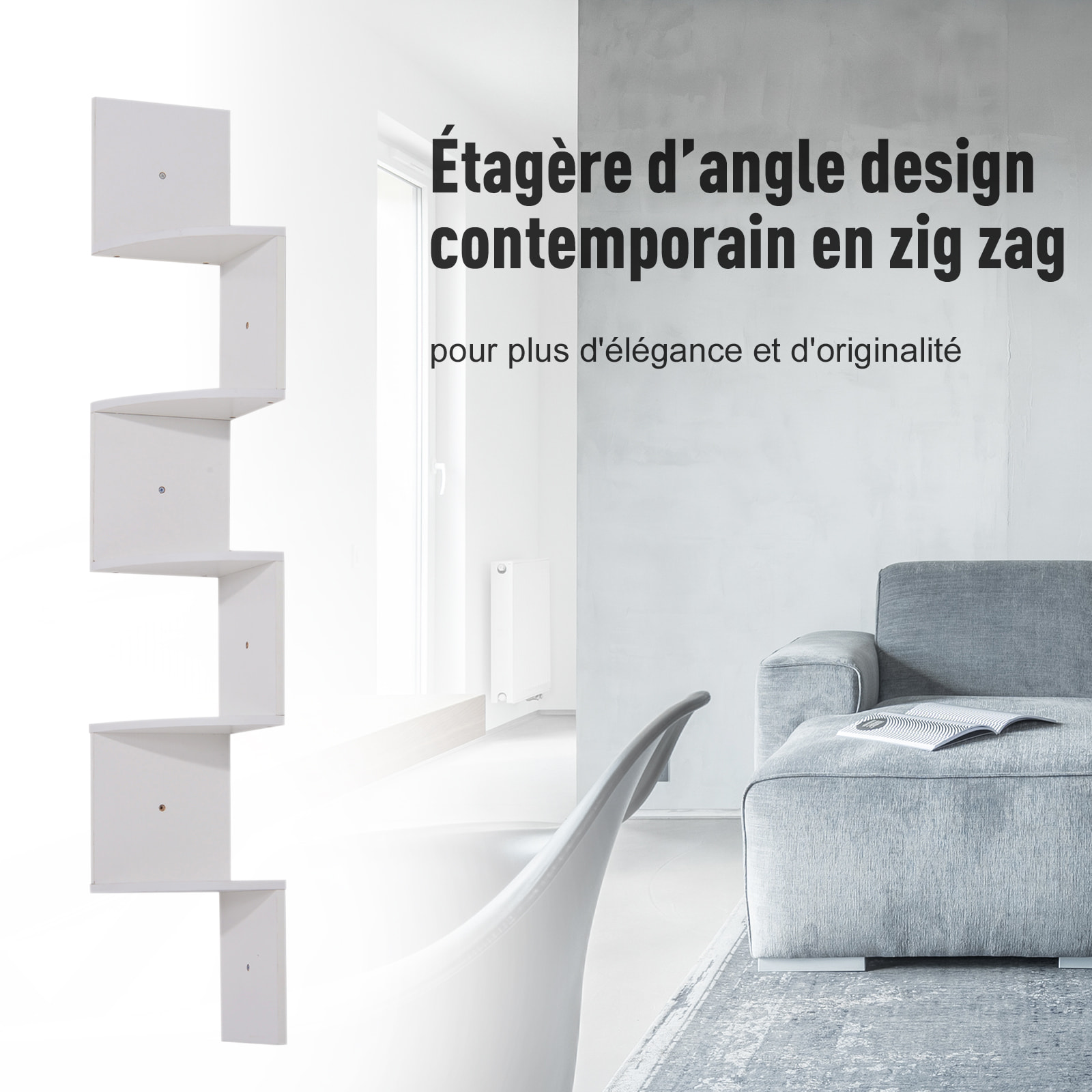 Étagère d'angle étagère de rangement design contemporain zig zag 20L x 20l x 126H cm 5 niveaux panneaux de particules blanc