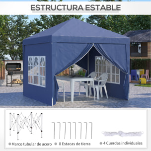 Carpa Plegable con 4 Paredes Desmontables 3x3 m Cenador de Jardín Gazebo Impermeable Protección UV y Bolsa de Transporte Pabellón para Recepción Eventos Camping Cerveza Azul