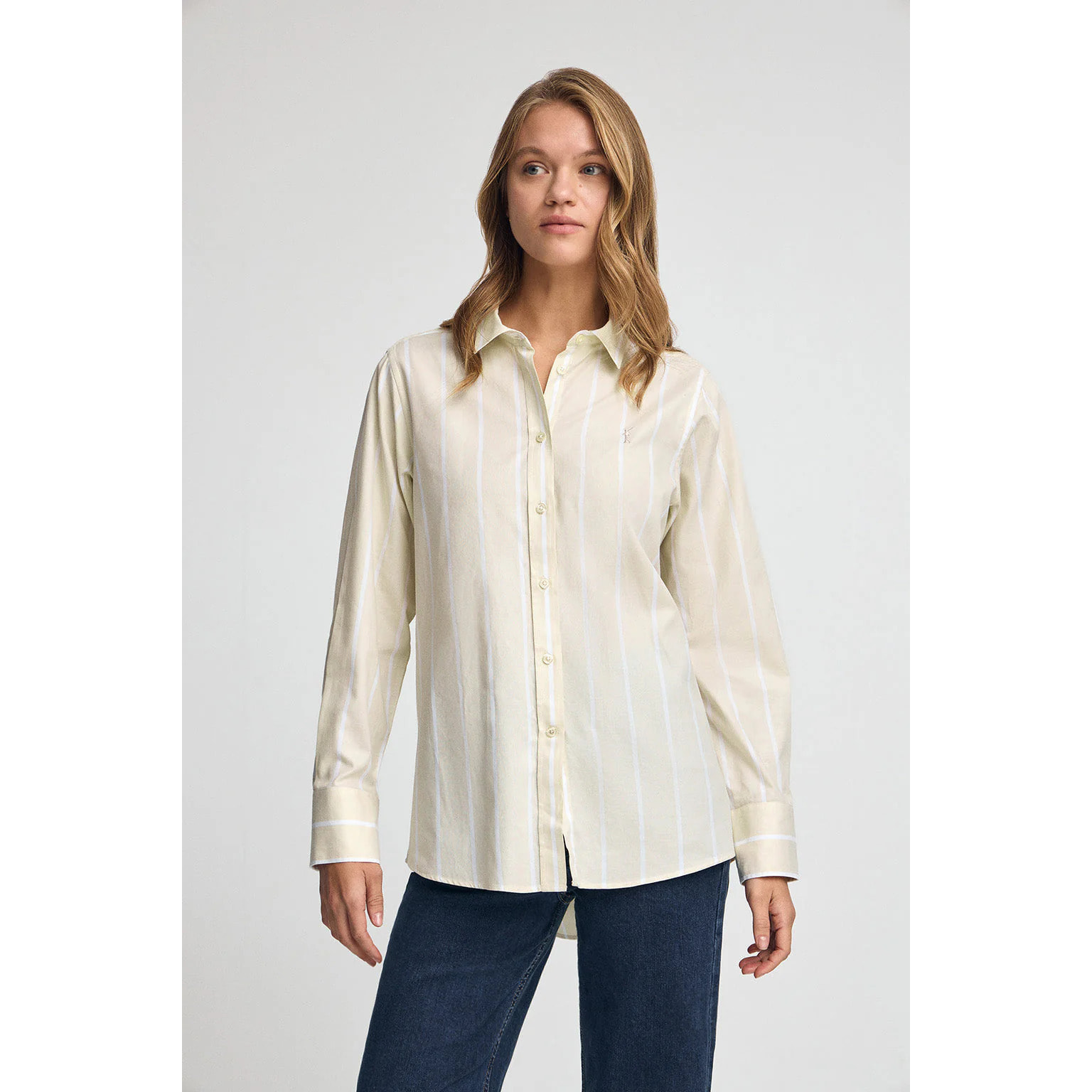 Camisa de rayas beige de corte relajado con logo Rigby Go