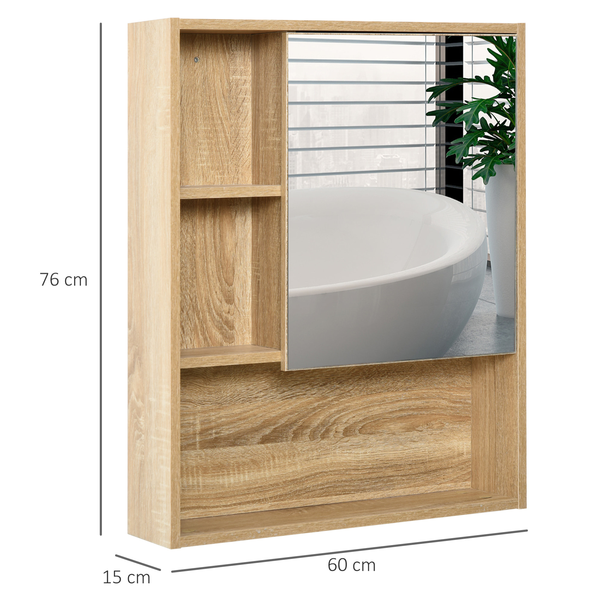 Armoire murale de rangement salle de bain avec porte miroir couleur bois de chêne dim. 60L x 15l x H76 cm