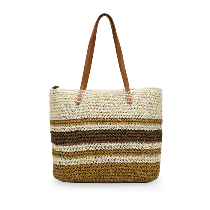Bolso de playa marrón en rafia con rayas