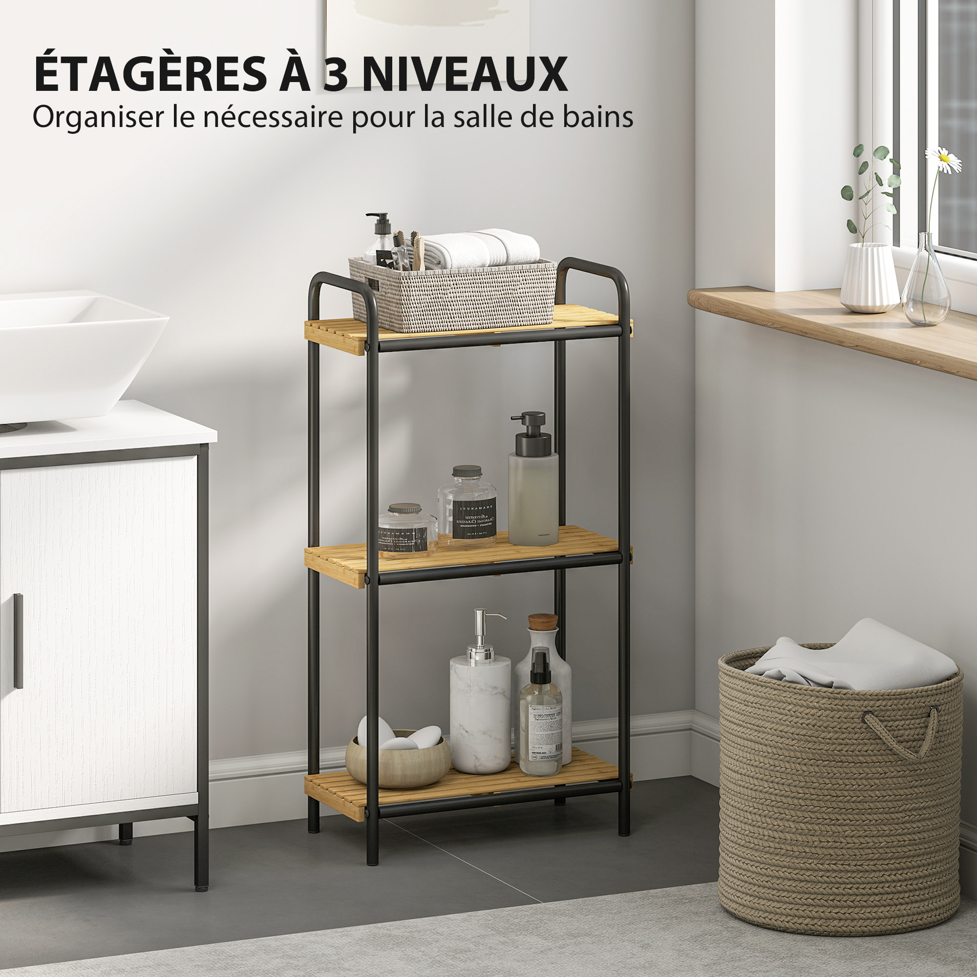 Étagère salle de bain bambou, 3 niveaux, étagère de rangement étroite autoportante cadre en acier pour salon, salle à manger, balcon, cuisine, 41,5 x 21,5 x 77,5 cm, noir et effet bois naturel