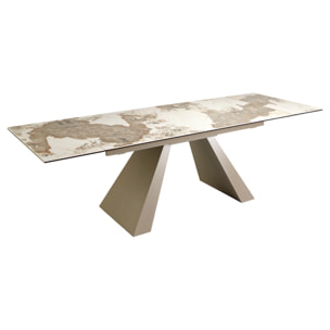 Mesa comedor extensible rectangular con tapa de mármol porcelánico blanco con vetas en tonos tierra en acabado brillo 180x90x76cm