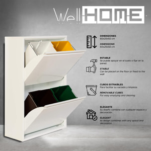 Well home - cubo de basura y reciclaje metálico de 4 compartimentos, 4x17l (68l) blanco mate