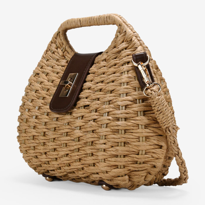 Bolso caja marrón claro en rafia con solapa