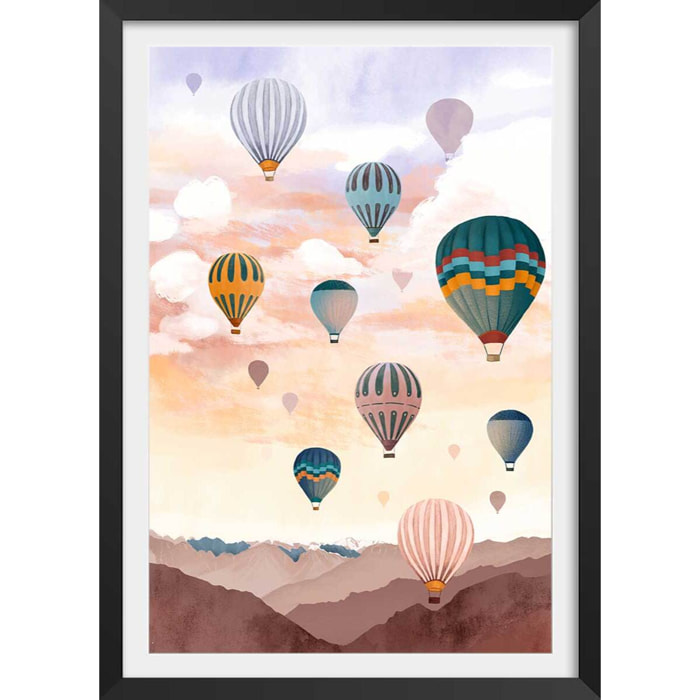Affiche enfant ciel de montgolfière  Affiche + cadre en bois - Noir