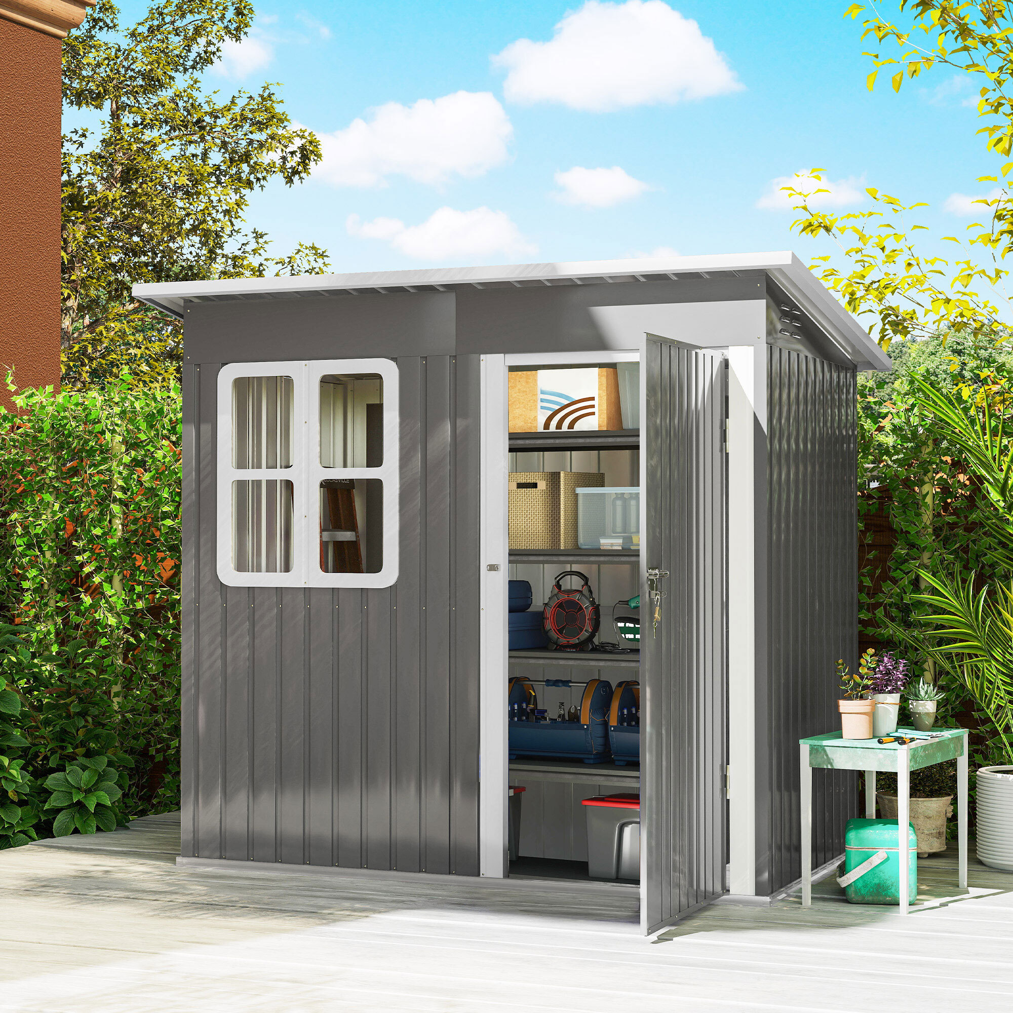 Caseta de Jardín Exterior, 2,55 m² 221x133x190 cm, Cobertizo de Jardín Exterior Metálico con Ventana, Puerta con Cerradura y Ventilaciones, para Almacenamiento de Herramientas, Gris Oscuro